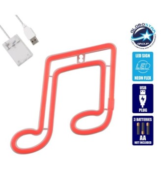 GloboStar® 78569 Φωτιστικό Ταμπέλα Φωτεινή Επιγραφή NEON LED Σήμανσης MUSIC NOTE 5W με Καλώδιο Τροφοδοσίας USB - Μπαταρίας 3xAAA (Δεν Περιλαμβάνονται) - Κόκκινο